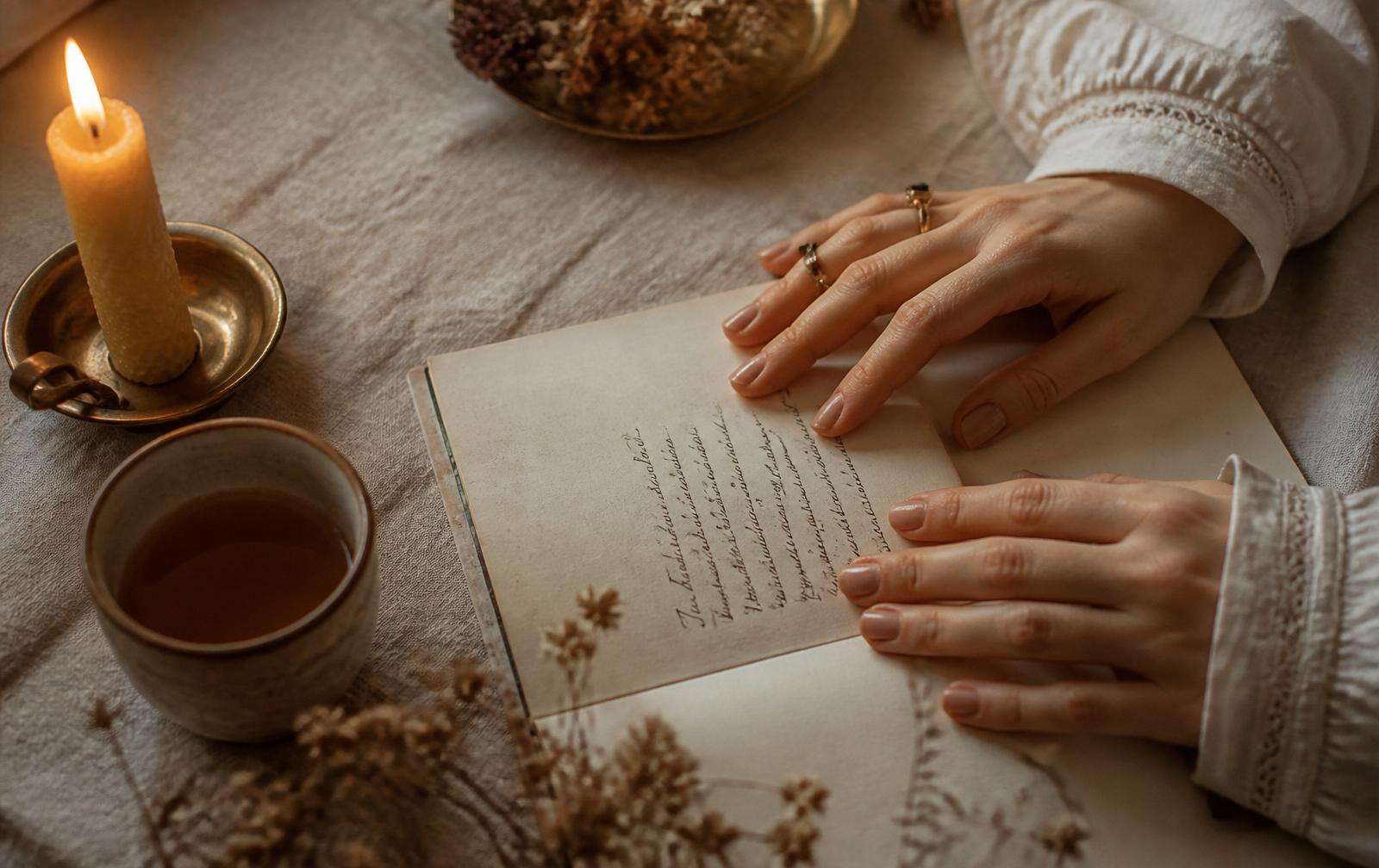 A quiet moment — journal, tea and candle